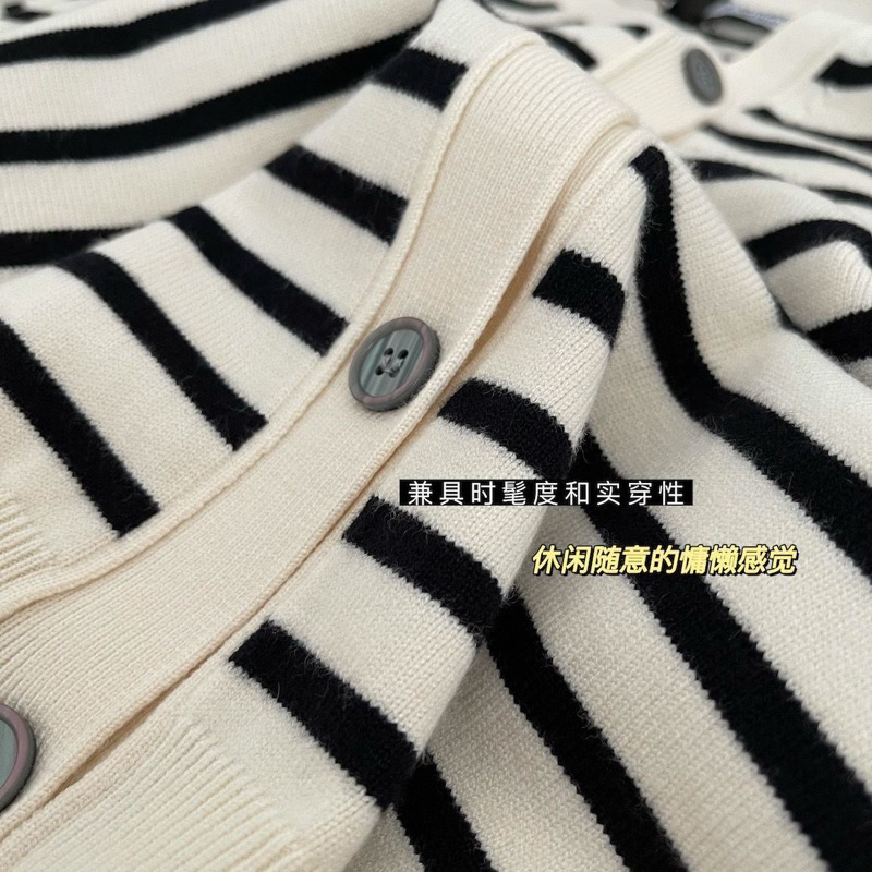 Áo Khoác Len Dài Tay Họa Tiết Kẻ Sọc Trắng Đen Thời Trang Thu Đông