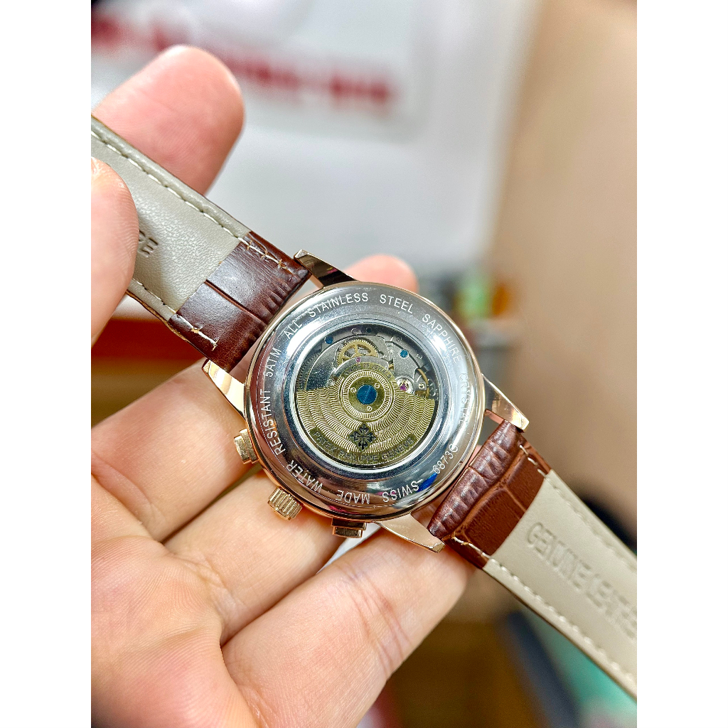 Đồng hồ Nam PT 6kim vành đá vuông mặt nâu vỏ vàng hồng máy nhật dòng cơ Automatic size 41mm trăng sao