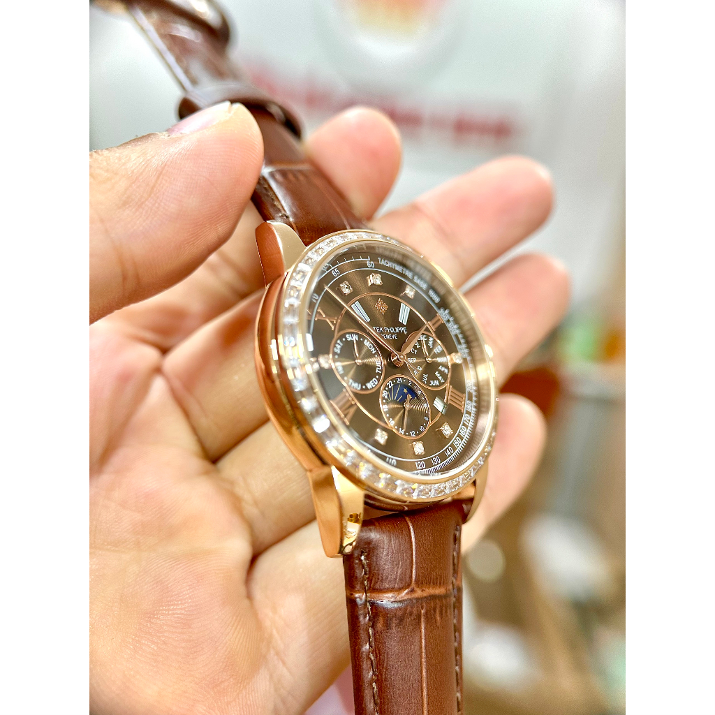 Đồng hồ Nam PT 6kim vành đá vuông mặt nâu vỏ vàng hồng máy nhật dòng cơ Automatic size 41mm trăng sao