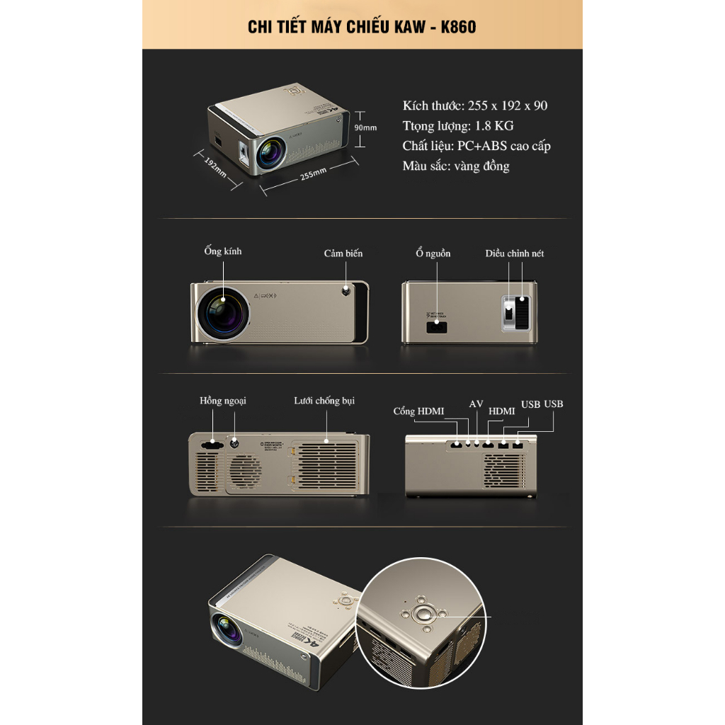 Máy Chiếu Mini KAW K860, Máy Chiếu Gia Đình Chính Hãng, Độ Sáng Cao 3500 Lumens, Độ Phân Dải 1080 Hộ Trợ 4K