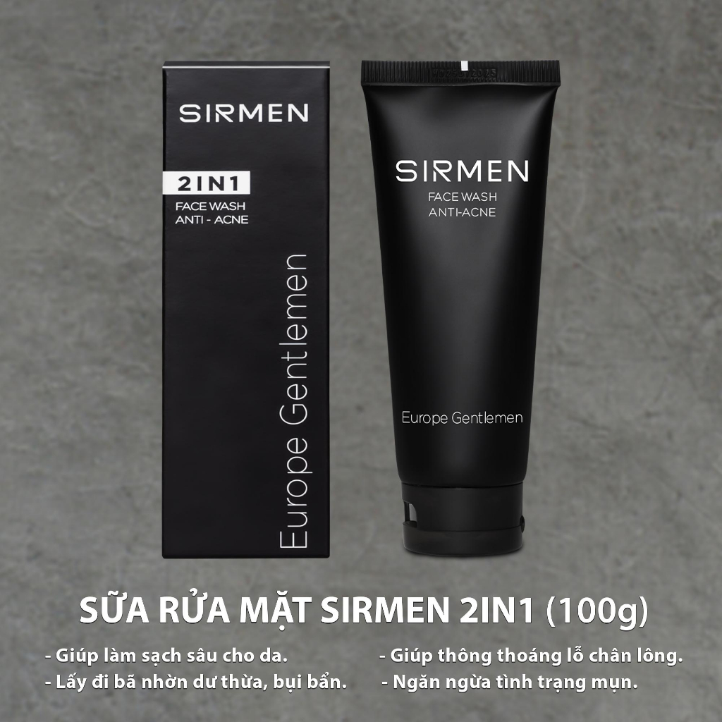 Sữa rửa mặt nam 2 in 1 nguyên liệu châu Âu SIRMEN Europe Gentlemen cao cấp 100g chiết xuất tự nhiên công nghệ EU-Nano