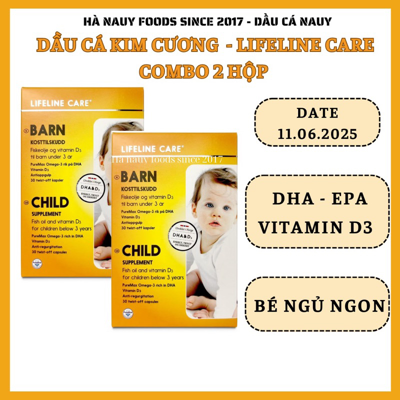 COMBO 2 hộp Dầu cá kim cương LIFELINE CARE BARN Omega 3, Vitamin D3 cho bé nội địa Nauy - hộp 30 viên
