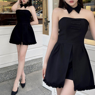 Jumpsuit đen dáng ngắn thiết kế cúp ngực, kèm dây cổ sơ mi - PANGO Jump