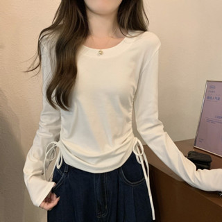 Áo thun kiểu tay dài rút dây hai bên vạt bầu siêu xinh Michi, áo len tăm nữ rút dây hai bên