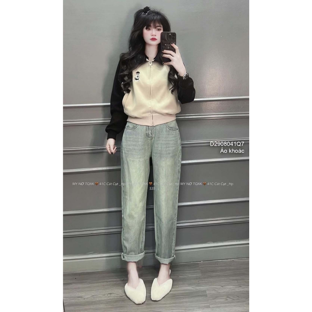 Áo khoác nỉ ép cổ bẻ phối màu kéo khóa ngực thêu hình gấu tay dài hàng đẹp!