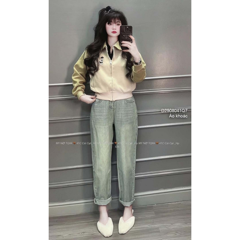 Áo khoác nỉ ép cổ bẻ phối màu kéo khóa ngực thêu hình gấu tay dài hàng đẹp!