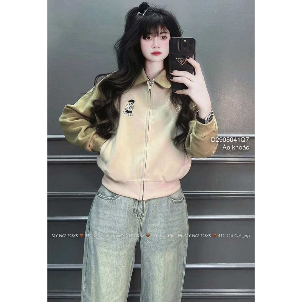 Áo khoác nỉ ép cổ bẻ phối màu kéo khóa ngực thêu hình gấu tay dài hàng đẹp!