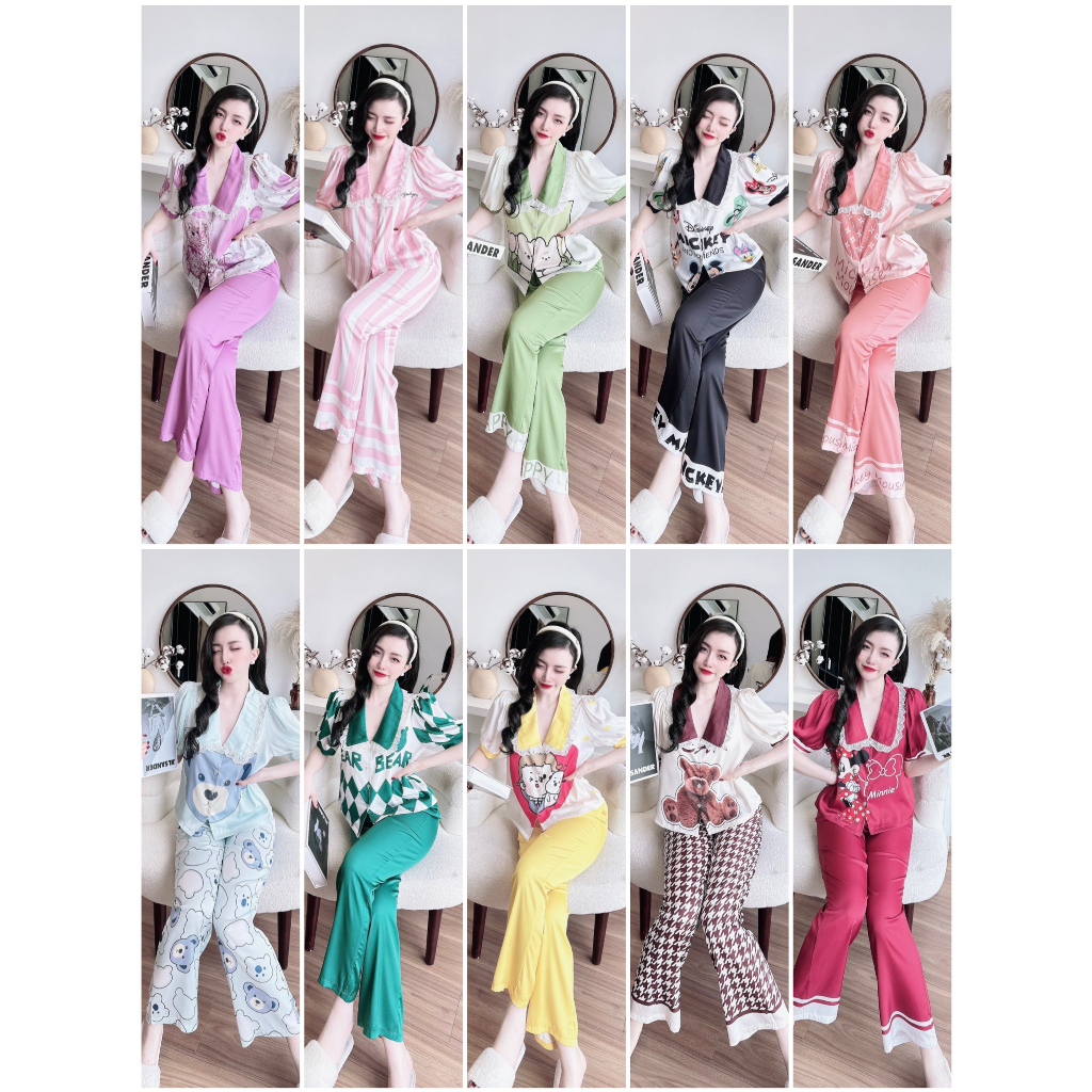 Bộ đồ ngủ nữ cao cấp VY LINH set quần dài cổ sen phối ren chất latin mặc mềm mại, thoải mái, sang trọng s1062