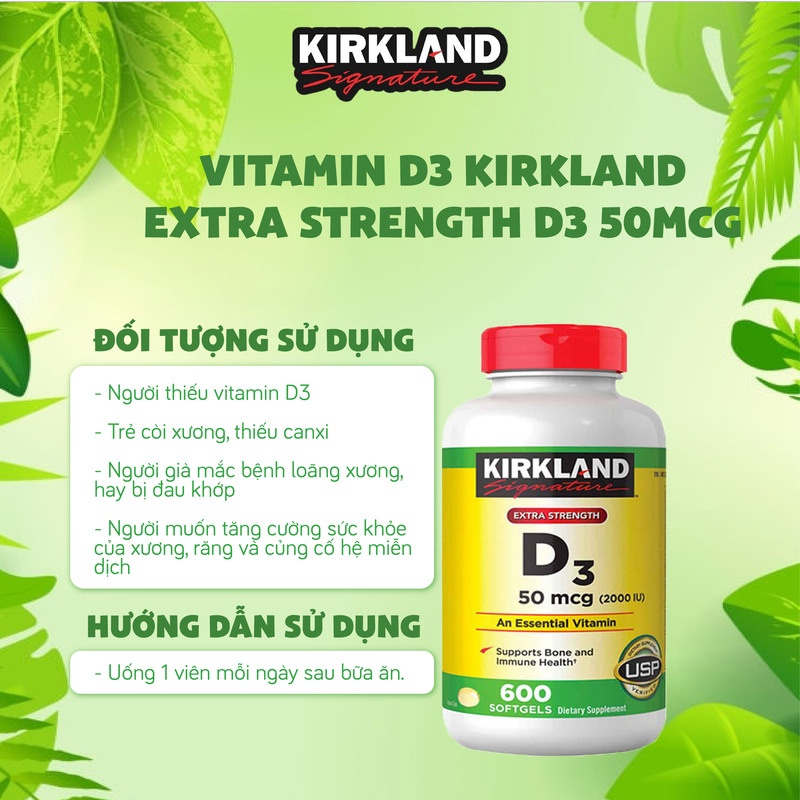 (CÓ SẴN)Kirkland Signature Vitamin D3 2000IU 600 viên - Tăng hấp thụ Canxi Mỹ