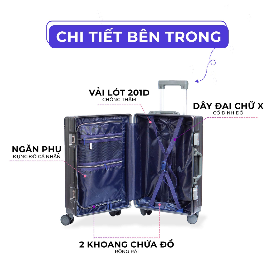 Vali du lịch khung nhôm SUNNY LUMI LM01 - Vali nhựa PC thời trang,  khóa hải quan TSA (Tặng bọc trong cao cấp)