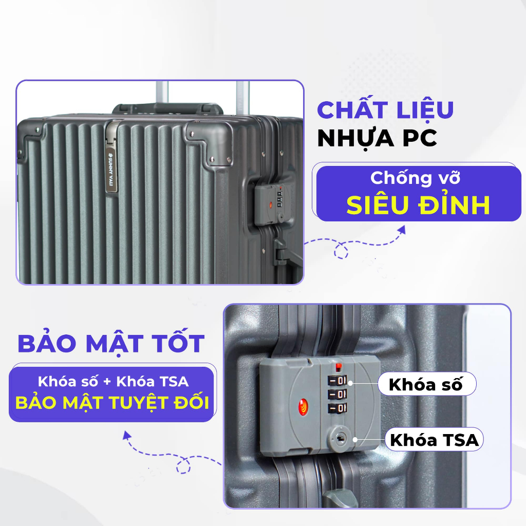 Vali du lịch khung nhôm SUNNY LUMI LM01 - Vali nhựa PC thời trang,  khóa hải quan TSA (Tặng bọc trong cao cấp)