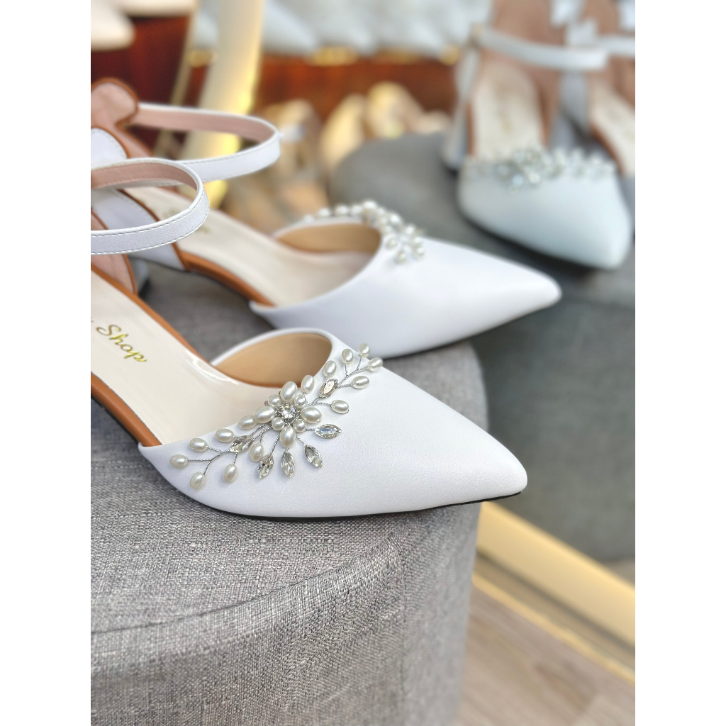 Giày cao gót_ Giày đi tiệc_ BÚP BÊ 5 PHÂN _Mẫu mới, Mũi Nhọn KHOÁ NGỌC +Hậu Viền Nâu+ Khóa Vàng_PY SHOP