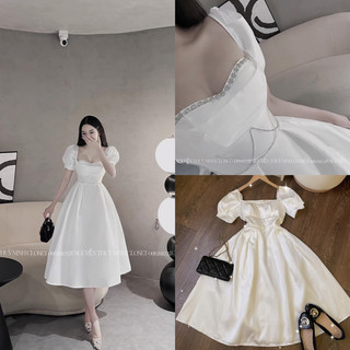 Đầm midi tafta trắng tay phồng đính đá cườm 🌦️