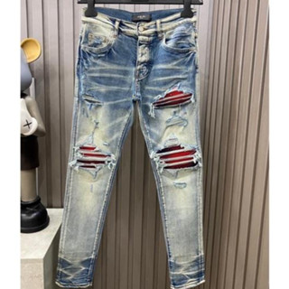 Quần JEAN 4 Khuy Amiri Nam Xanh Khói Mài Bạc Gối Vá Đỏ Quần Bò Slimfit Wash xanh khói rách xước Amiri