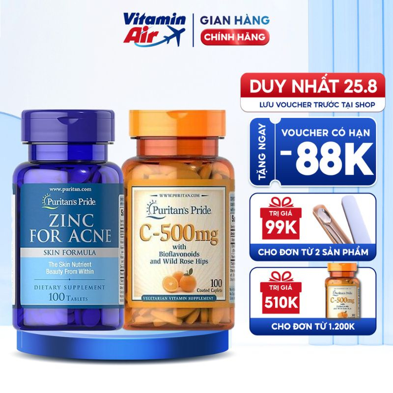 Combo giảm mụn, mờ thâm Puritan's Pride Zinc For Acne & Vitamin C-500 mg with Bioflavonoids & Rose Hips