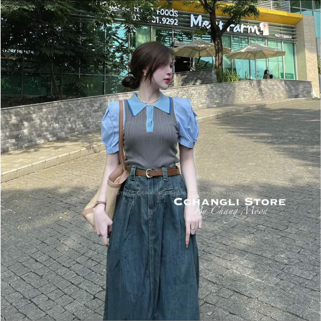 ÁO POLO LEN PHA TAY THÔ KẺ WG.WE doubleh.clo - Áo sơ mi nữ phối thân len mongtoghi dáng lửng ôm body dày dặn QC #5519
