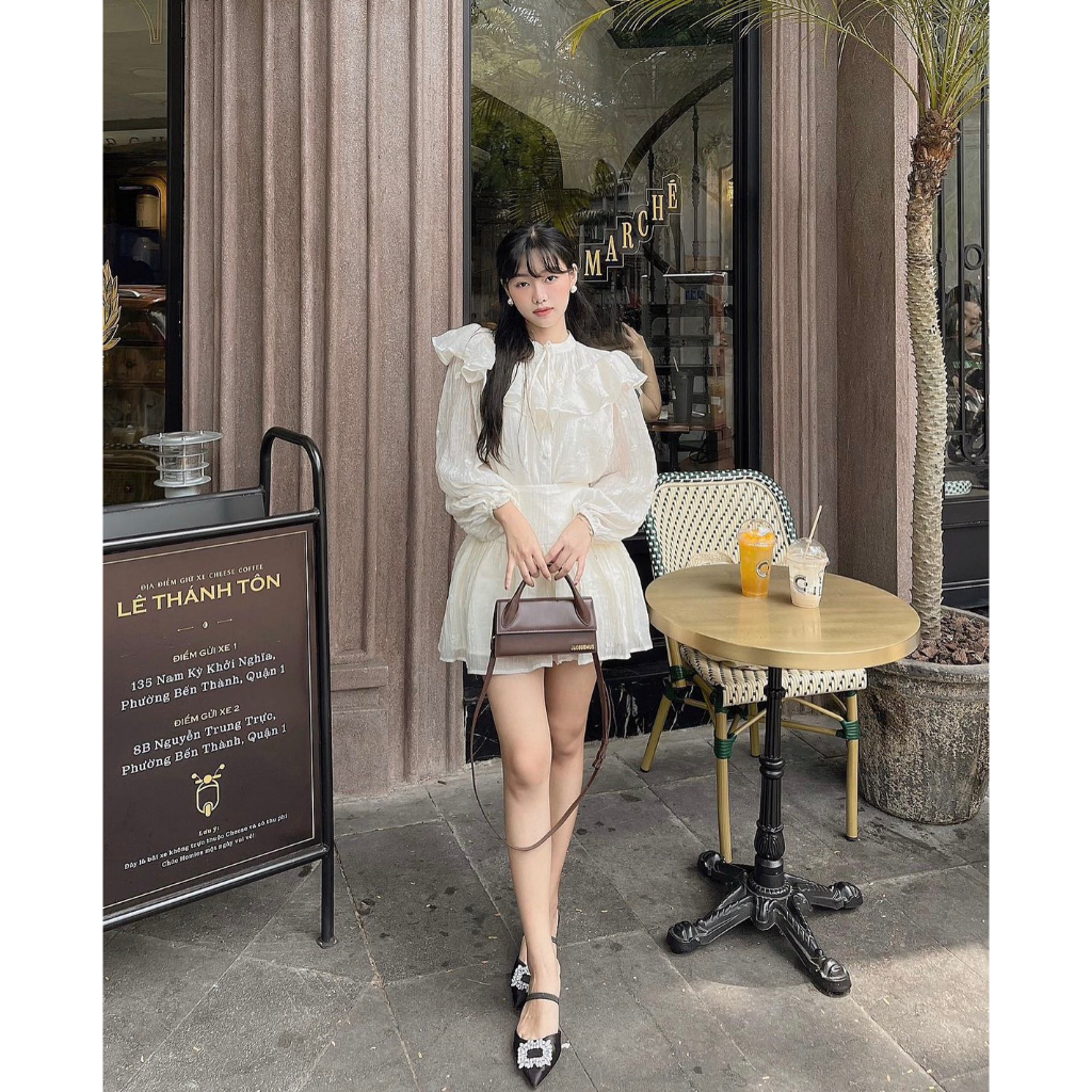 SET VÁY HOA NHÍ TƠ BÈO CỔ NƠ doubleh.clo - Set 2 món áo sơ mi cổ tàu bèo ren vai tay bồng kèm chân váy xoè có quần trong