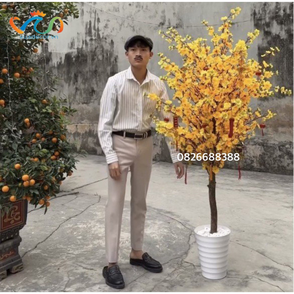 (TẶNG CHẬU NHỰA VÀ GIỎ TRE) Cây Đào mai Giả Thân Gỗ cao cấp VUADECOR decor nhà cửa, studio, phòng live cao 160cm