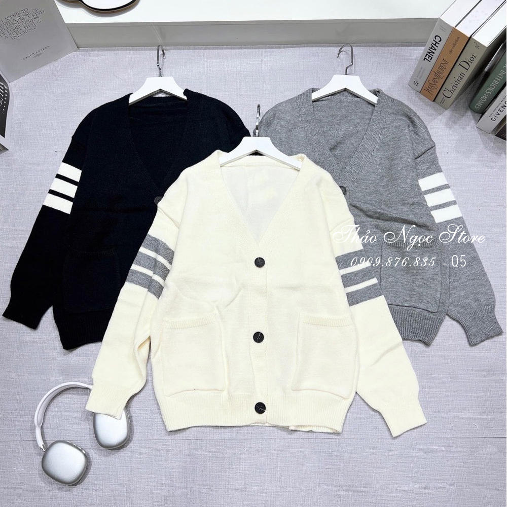 Áo khoác len cardigan nữ tay dài phối sọc, áo khoác ngoài hàng nhập QC.  THẢO NGỌC STORE