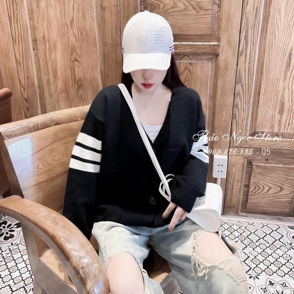 Áo khoác len cardigan nữ tay dài phối sọc, áo khoác ngoài hàng nhập QC.  THẢO NGỌC STORE