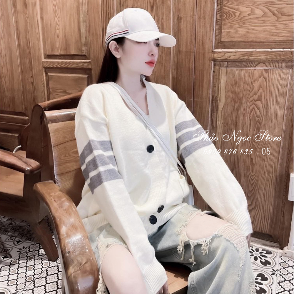 Áo khoác len cardigan nữ tay dài phối sọc, áo khoác ngoài hàng nhập QC.  THẢO NGỌC STORE