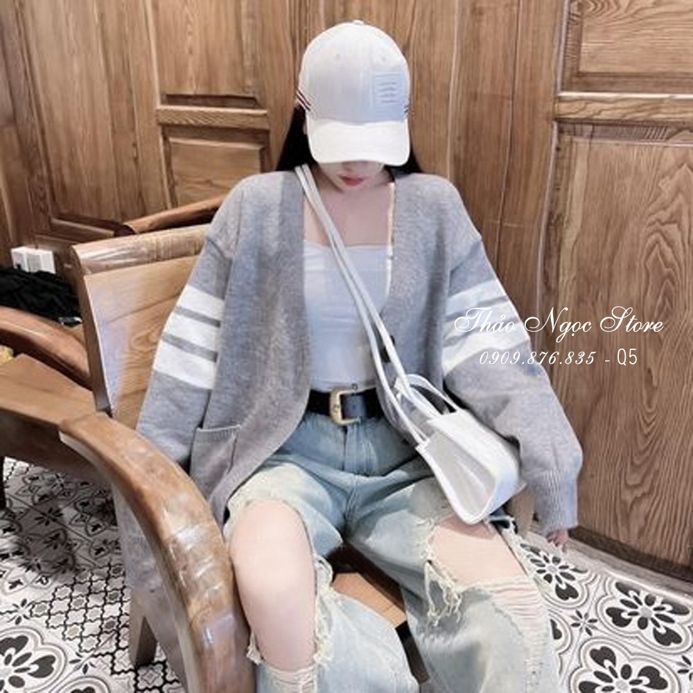 Áo khoác len cardigan nữ tay dài phối sọc, áo khoác ngoài hàng nhập QC.  THẢO NGỌC STORE