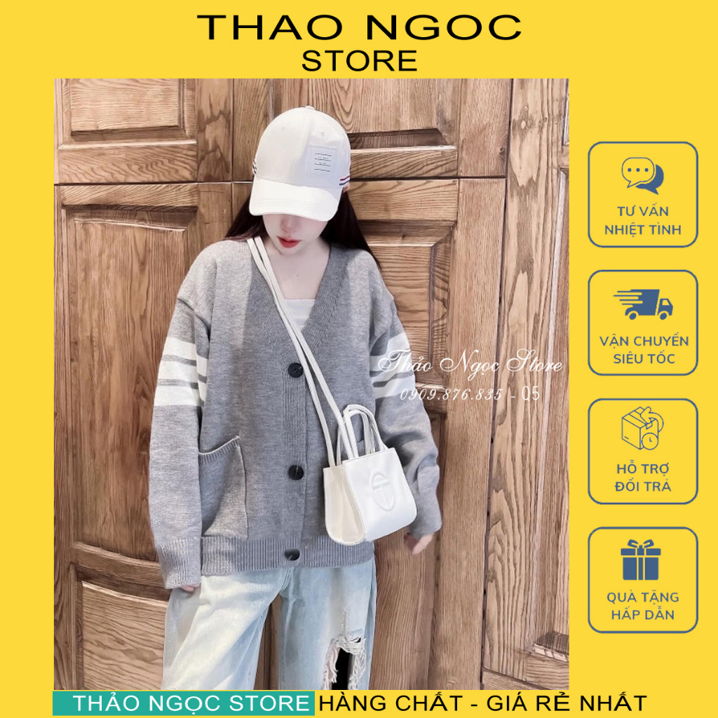 Áo khoác len cardigan nữ tay dài phối sọc, áo khoác ngoài hàng nhập QC.  THẢO NGỌC STORE