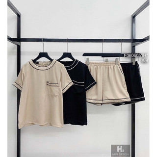 Set đồ nữ, bộ đồ nữ kẻ viền có túi phía trước chẩt coton basic