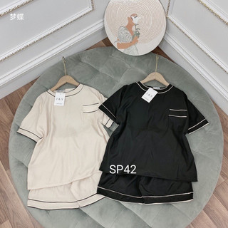 Set đồ nữ, bộ đồ nữ kẻ viền có túi phía trước chẩt coton basic