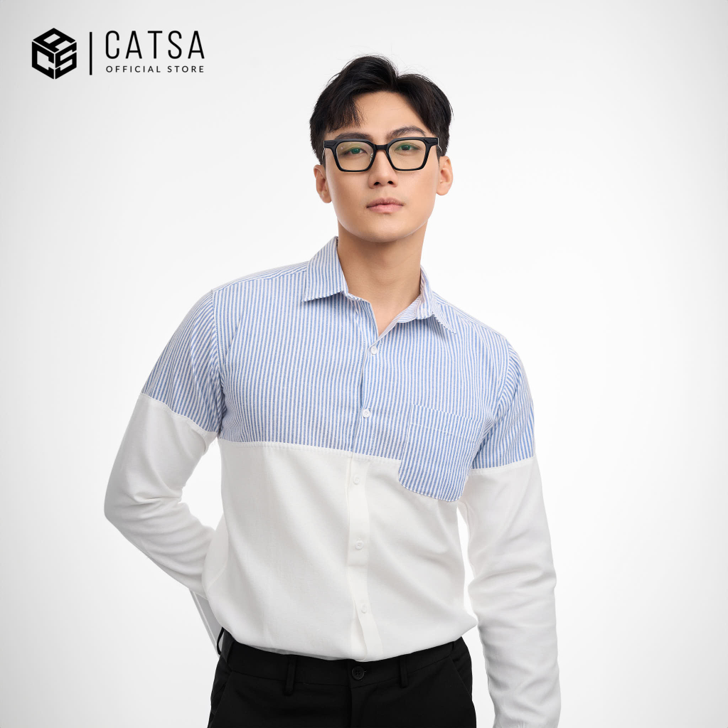 Áo sơ mi nam tay dài CATSA form Regular trắng phối sọc xanh chất liệu Oxford dày dặn ít nhăn ASC343
