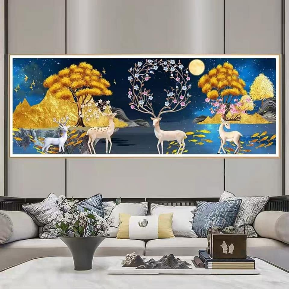 Tranh đính đá Tuần Lộc Hươu Phú Quý Phát Tài - tranh chưa đính đá, chưa khung