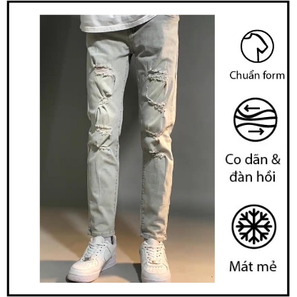 Quần jean nam màu xám nhạt ống côn rách gối , quần dài nam co dãn không ra màu mẫu y hình T-FASHION 24H M63