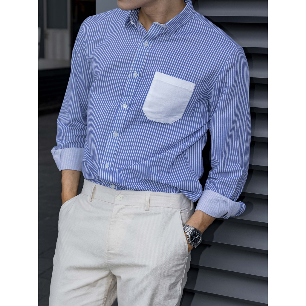 Áo Sơ Mi Nam Vertical Blue White Pock, Chất Vải Sơ Mi Cotton Thoải Mái, SM0068, SOMEHOW