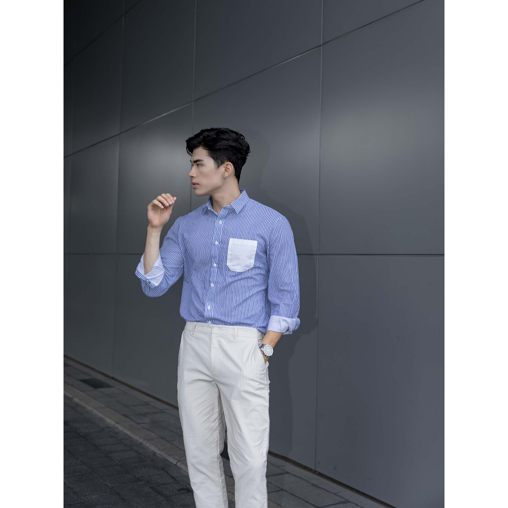 Áo Sơ Mi Nam Vertical Blue White Pock, Chất Vải Sơ Mi Cotton Thoải Mái, SM0068, SOMEHOW