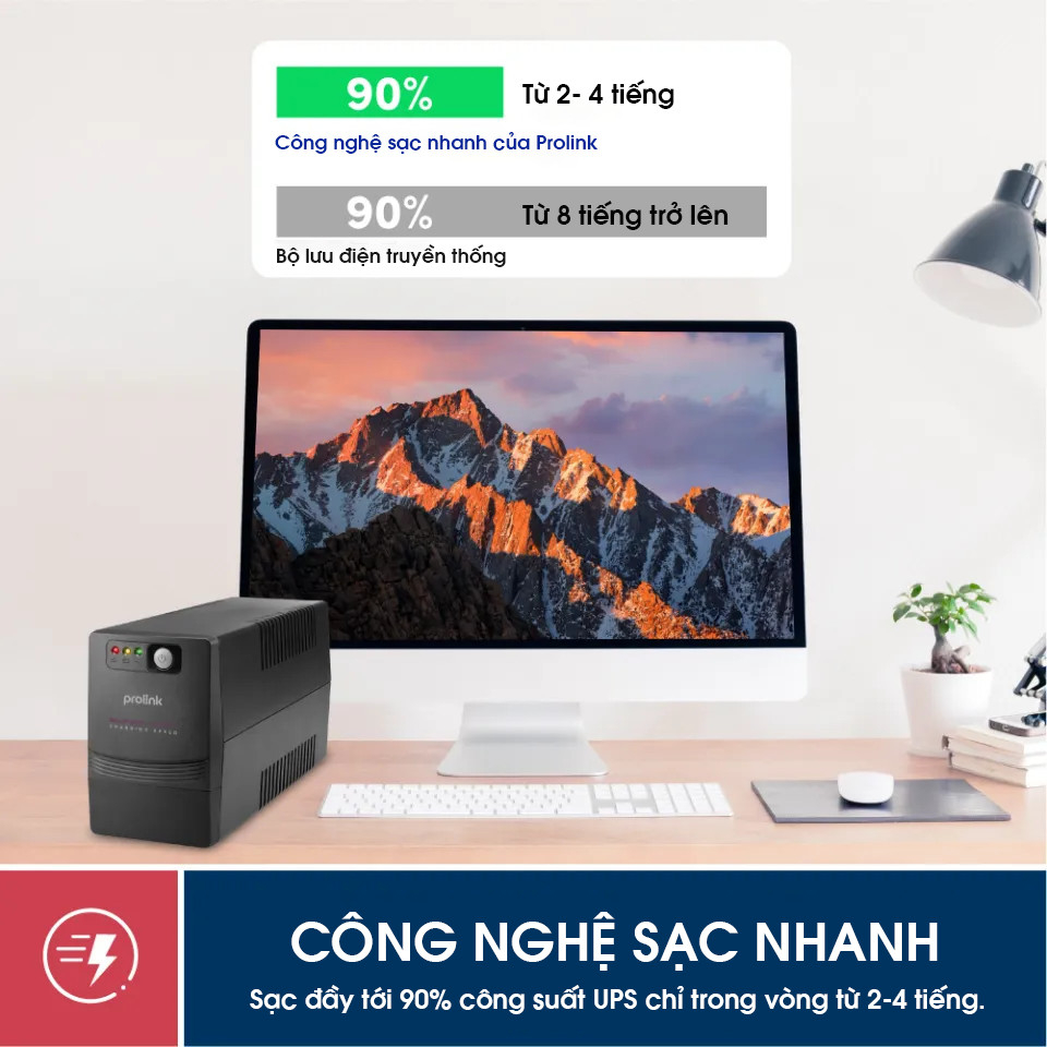 Bộ lưu điện UPS PROLINK PRO1201SFC (1200VA) công suất 600W, tích hợp bộ AVR, sạc siêu nhanh, dùng cho PC, Camera, Wifi