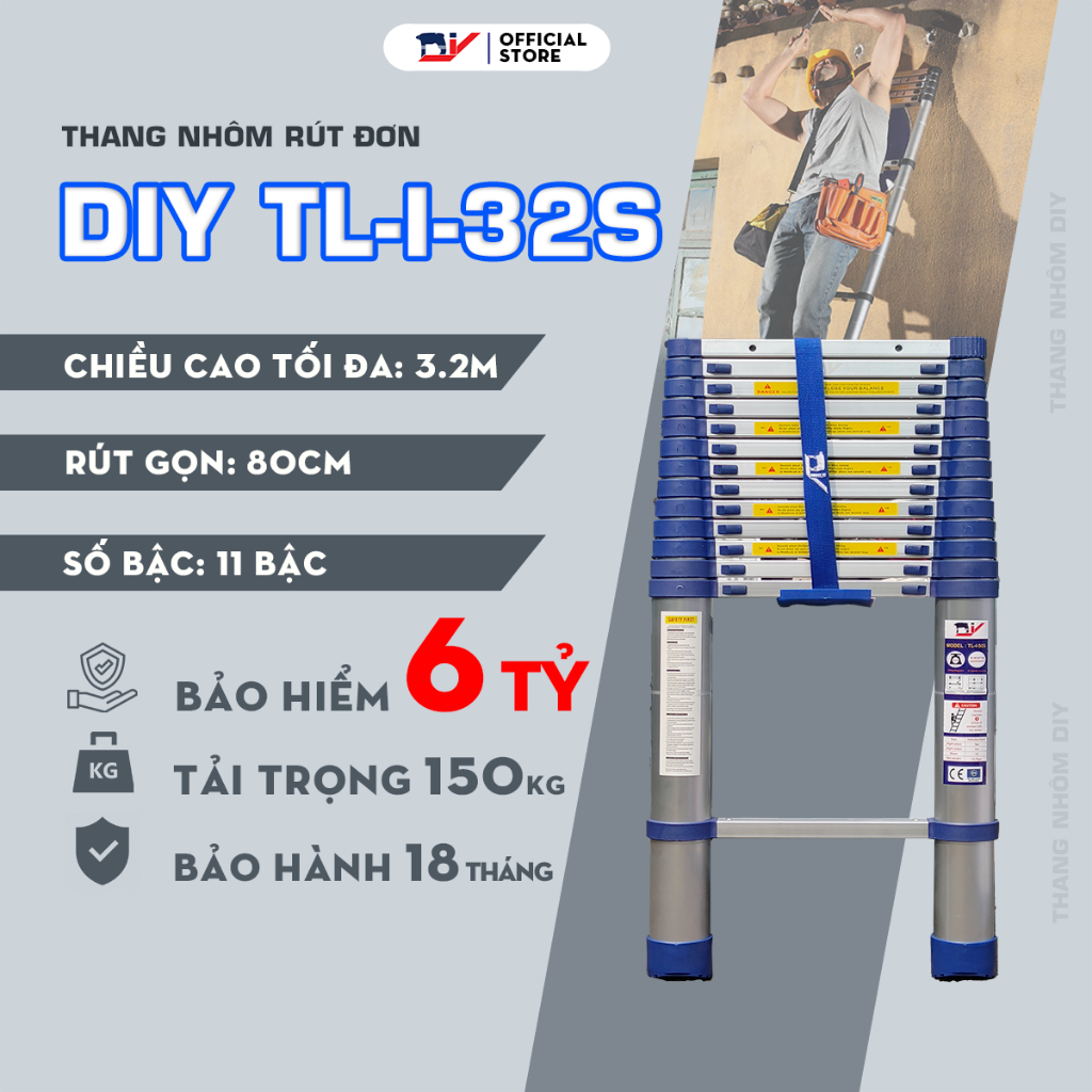 Thang nhôm rút đơn cao cấp DIY chiều cao sử dụng tối đa 3.2m - 3.8m - 4.4m - 5.0m - tải trọng 150kg