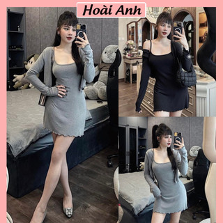 Set Bộ Váy Nữ 2 Món Sun Gấu Đầm 2 Dây Trơn Ôm Body Mix Áo Khoác Ngoài Cadigan Dáng Ngắn Freesize