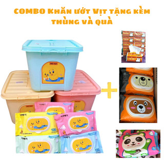 Combo 10 bịch khăn ướt vịt tặng thêm khăn ướt và thùng nhựa phú đạt