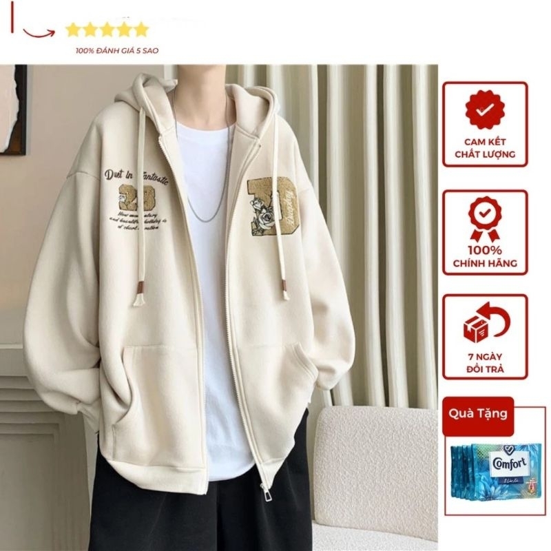 Áo Khoác Hoodie Zip Mũ 2 Lớp Form Rộng -- In Hình Bông Hoa Hồng
