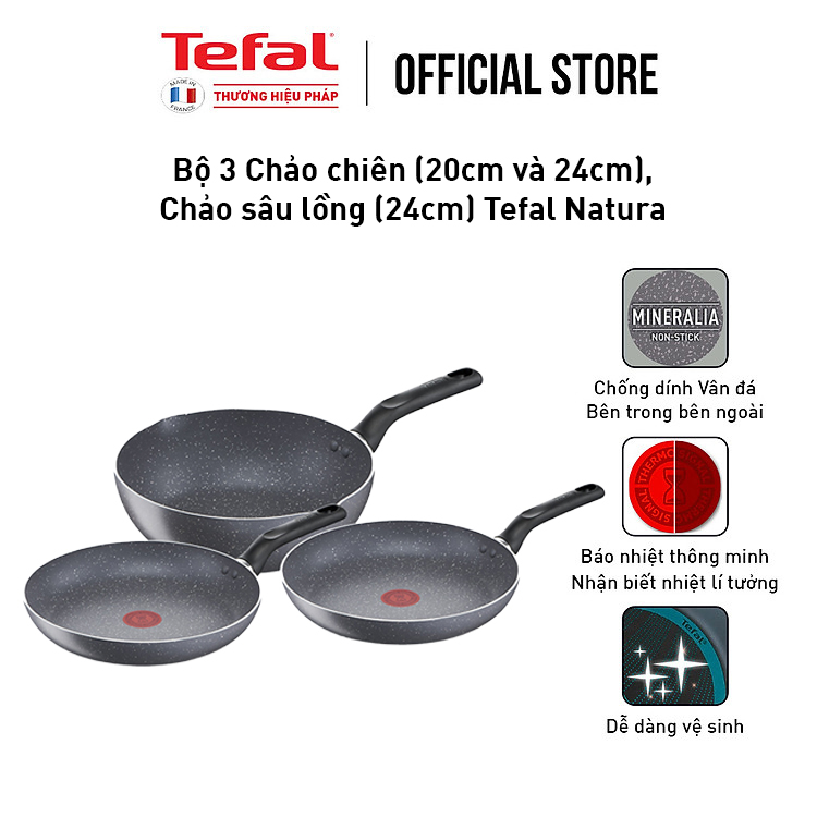 [GIFT] Bộ 3 Chảo chiên (20cm và 24cm),Chảo sâu lồng (24cm) Tefal Natura