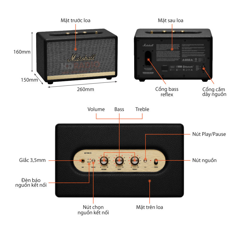 Loa Marshall Acton II  Chính Hãng , Công Suất 60W, Bluetooth 5.0, AUX