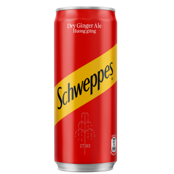 Thùng 24 lon nước soda Schweppes Dry Ginger Ale hương gừng 320ml / Lốc 6 lon nước soda Schweppes hương gừng 320ml