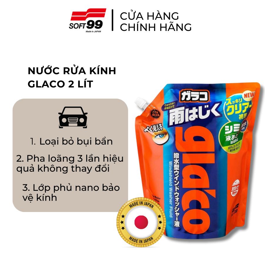 Nước Rửa Làm Sạch Và Phủ Nano Bảo Vệ Kính Ôtô Glaco Washer Pouch Pack Soft99 G-80 2L