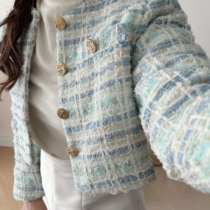 Áo khoác dạ kẻ Tweed kim tuyến tay dài 2 lớp dáng ngắn cúc đồng, Áo khoác ngoài mùa đông cúc đồng 2 túi cổ tròn