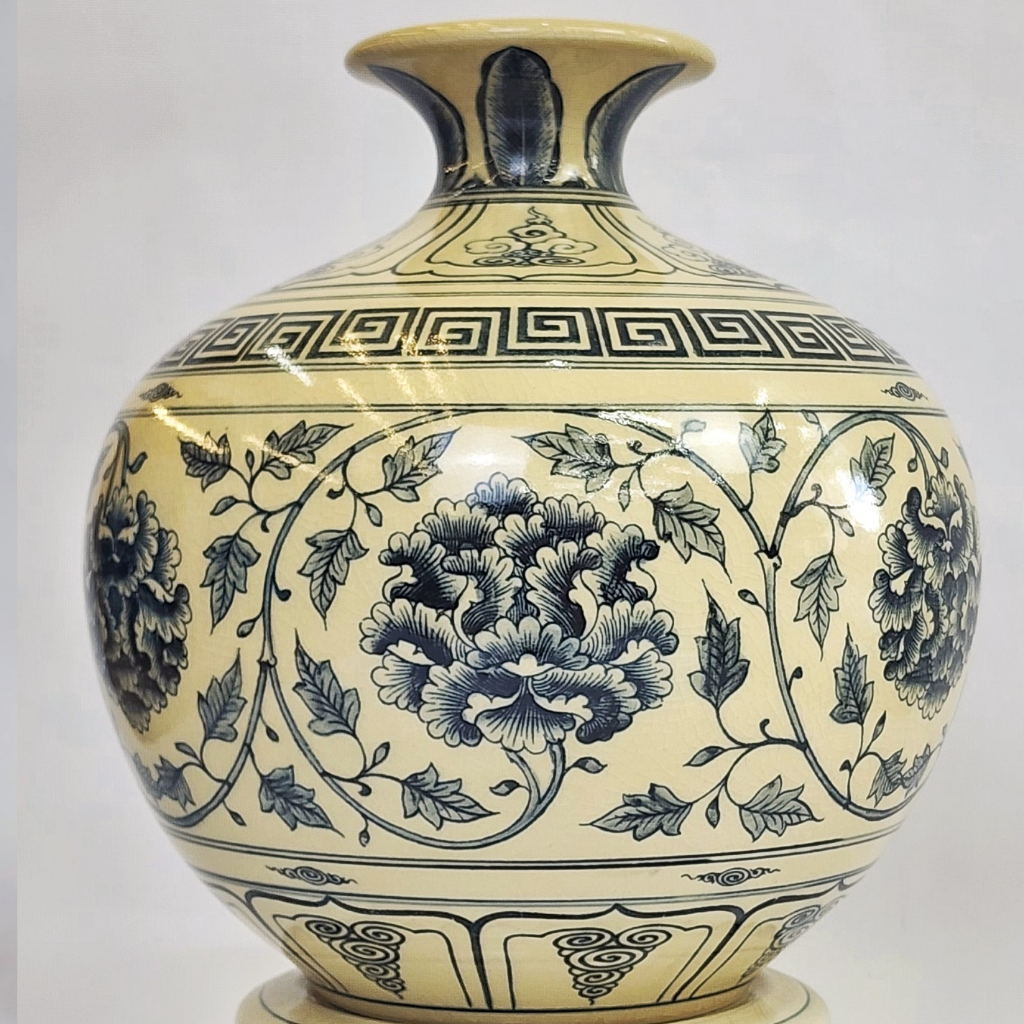 Bình hút lộc, cao 26cm, gốm Chu Đậu, vẽ hoa Phù Dung truyền thống
