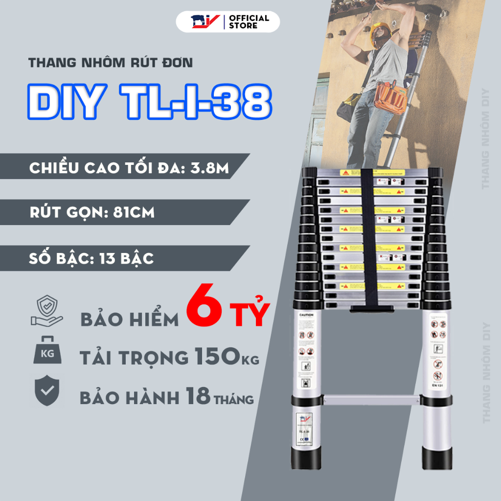 [Mã BMLTB200 giảm đến 100K đơn 499K] Thang Nhôm Rút Đơn DIY TL-I-38 chiều cao sử dụng tối đa 3.8m