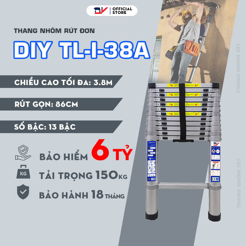 [Mã BMLTB200 giảm đến 100K đơn 499K] Thang nhôm rút đơn cao cấp đai nhôm DIY TL-I-38A chiều cao sử dụng tối đa 3.8M