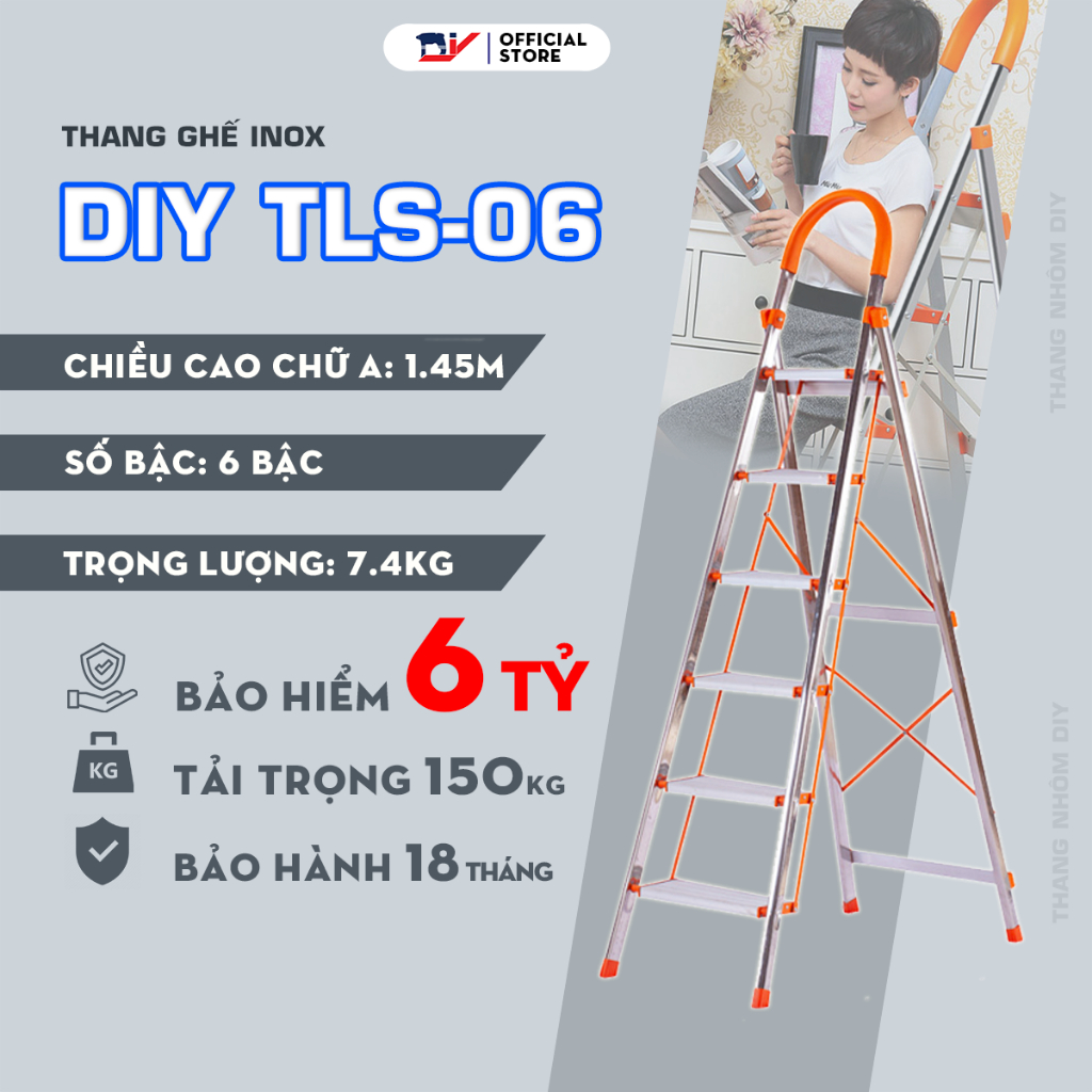 [HỎA TỐC 2H HCM] Thang ghế inox 6 bậc DIY TLS-06 chiều cao sử dụng tối đa 145cm - Tiêu chuẩn an toàn Châu Âu