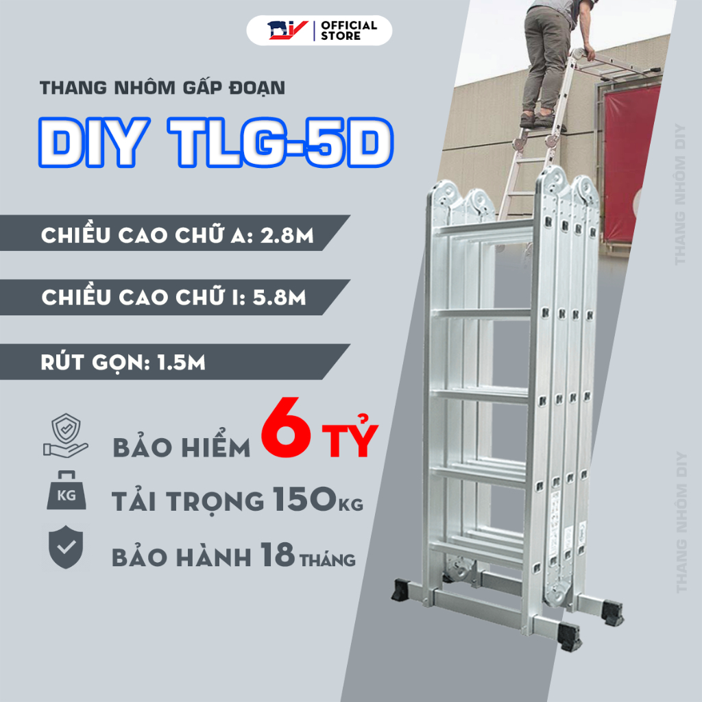 [HỎA TỐC 2H HCM] Thang nhôm gấp đoạn DIY TLG-5D chiều cao sử dụng chữ A tối đa 5.8m, chữ I2.8m, tải trọng 150kg