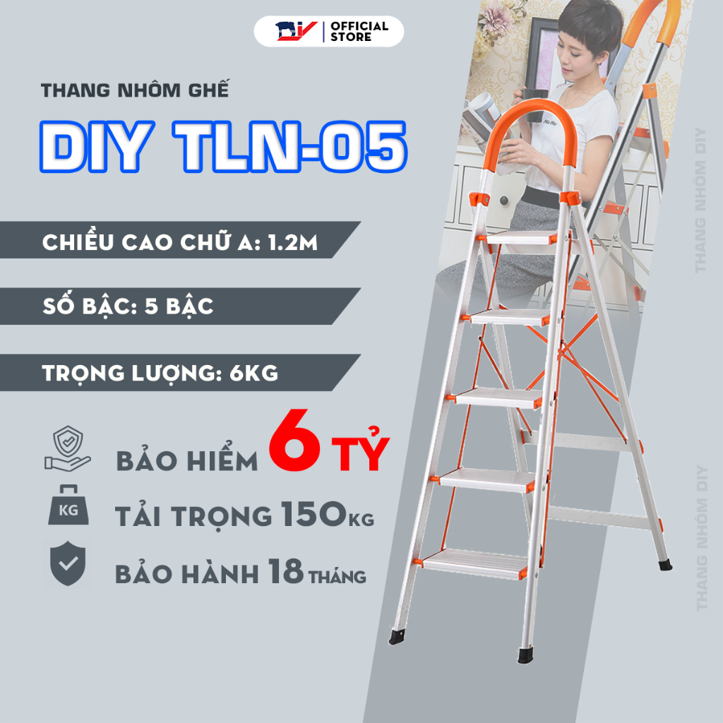 [HỎA TỐC 2H HCM] Thang nhôm ghế 5 bậc DIY TLN-05 chiều cao sử dụng tối đa 120cm - Tiêu chuẩn an toàn Châu Âu